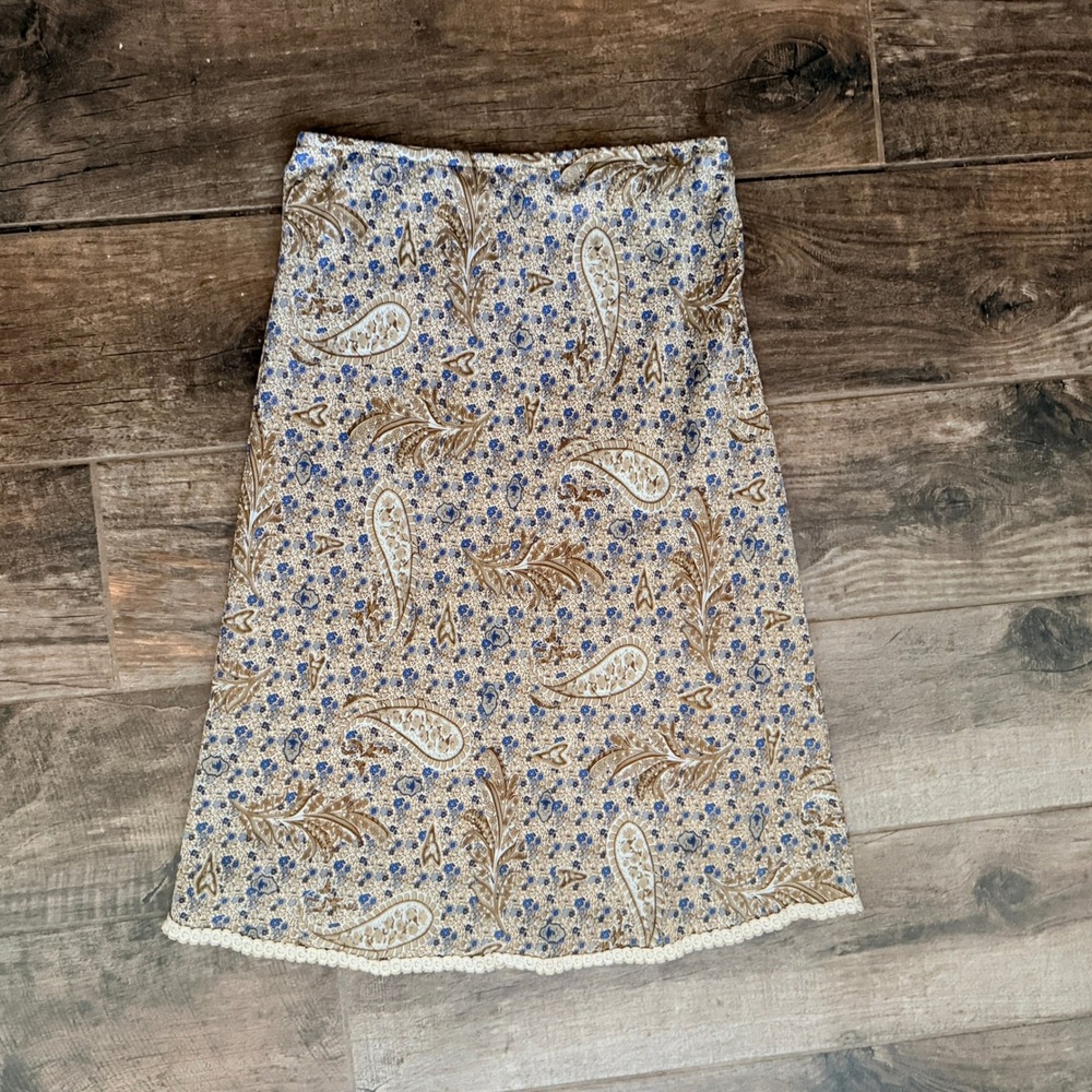 Vintage Women Cottagecore Paisley Floral Lace Trim Midi Skirt,Tan Blue, M